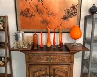 L.E. Smith Bittersweet ribbed swung glass vase and Viking swing vase and 
American Drew server