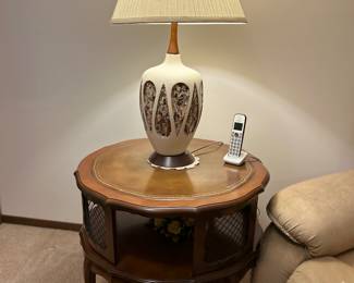 Mid-Century Modern Danish ceramic and teak table lamp , Mid 20th Century Hardwood, Brass Mesh & Leather French Provincial Round Accent Table