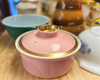  Hall Stoneware pink casserole pot with a gold band