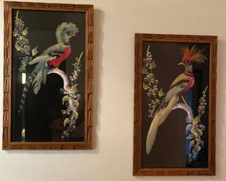 Vintage Mexican Feathercraft Hand Painted Bird Art Wall Hanging Carved Frame