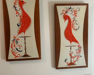 pair of vintage mid-century modern wall art pieces featuring a peacock design
Popcorn plastic orange 