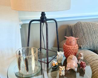 wood and glass top side table, lamp, Owls 