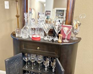Sideboard, cabinet, bar , Vintage decanters, barware, cocktail shaker