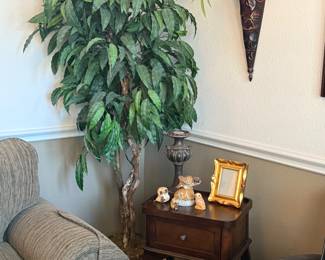Faux tree, side table, decorative owls 