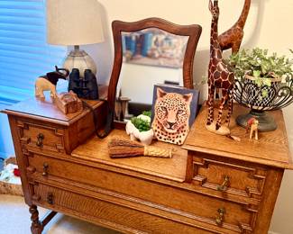 Vintage desk, dresser, chest of drawers , wooden giraffe, elephants, leopard  