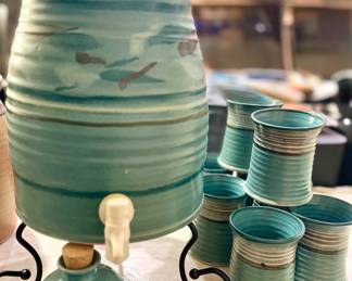 Handmade pottery drink dispenser/water filter with cups