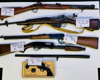 Colt Frontier .22
Winchester Model #120 20 gauge
Winchester Ranger 30-30
British Lee #5 British MK1 Jungle Carbine
Thompson White Mountain 54 cal