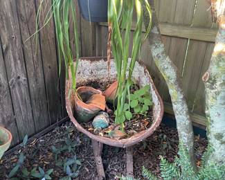 Wheel barrow with plants and patina