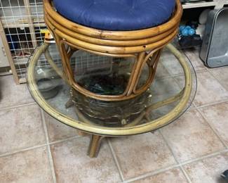 Glass top wicker table; wicker foot stool, pet/child gate