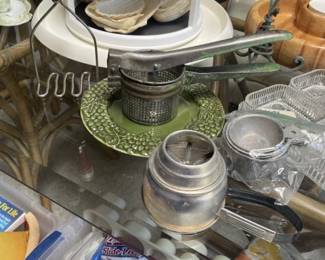 Primitives - potato mashers, sifter and measuring cups