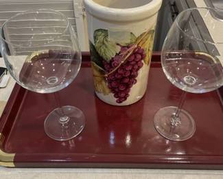 Wine bottle crock; Wine glasses