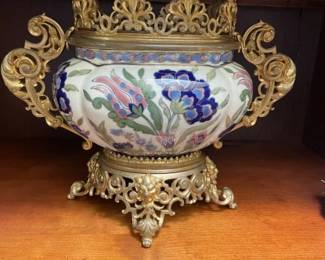 Appears to be an Antique Japanese Imari Porcelain Planter.  Gilded mount.  13 1/2 x 9".  In process of verifying.