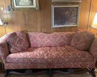 Old sofa with curved carved base w/ 6 legs.  76 x 32"   Down cushions....very comfortable