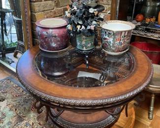 Round table with Oriental Planters and Bonzai tree.  Stands sold separately. - Vase on top not available.