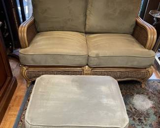 Solid Bamboo Love seat - 54 x 56 x 32".  Suede cushions.  Ottoman - 25 x 18 x 15"
