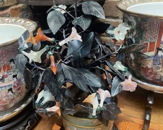 Chinese Jade & Hardstone Bonsai tree in Cloisonne Pot.  Stand sold separately.