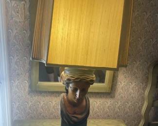 Lillian Strickler lamp with shade (made for Lillian Strickler by Diane).  Shade is in good condition but it does not sit even on the bulb frame.