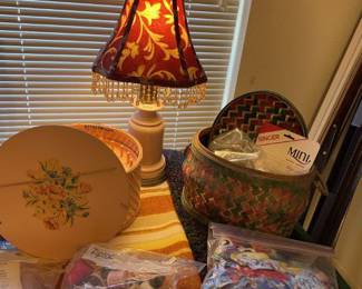 Up close picture of Vintage Lamp and sewing notions