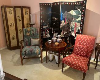 Oriental screens, round Baker table, arm chairs, assorted porcelain