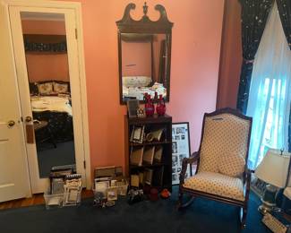 Gooseneck rocker, mirror, picture frames, misc
