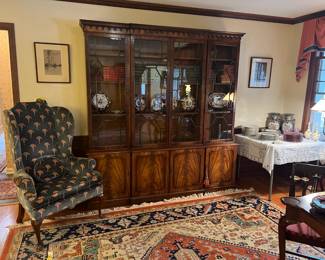 Mahogany breakfront, wing chair, pair of engravings, misc