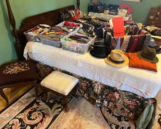 Stools, scarves, ties, hats, bed not for sale