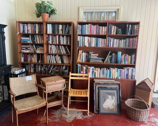 House of Denmark bookcases, MCM arm chair, Heywood Wakefield sewing basket, books, misc