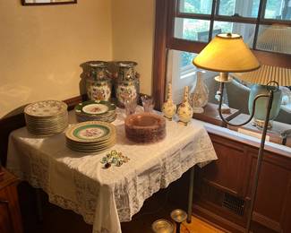 Assorted porcelain, glass, floor lamp, candlesticks
