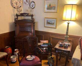Victorian slant front desk, Royal Crown Derby,  assorted porcelain, youth shield back chair, artwork, magazine rack