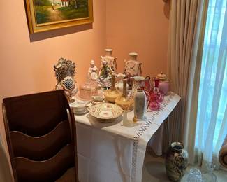 Assorted porcelain, glass, artwork, magazine rack