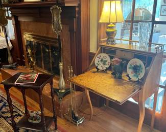 Burlwood slant front desk, Majolica, lamp, fire tools, occasional table