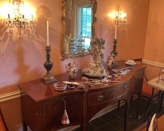 Biggs sideboard, mirror, candlesticks, misc porcelain