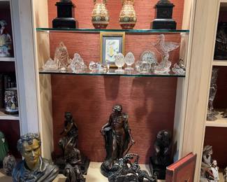 Crystal (Steuben, Waterford, misc), Sculptures by Willie Tarver, bronze, porcelain