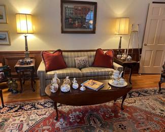 Queen Anne style drop leaf coffee table and pair of side tables, lamps, artwork, assorted porcelain, sofa