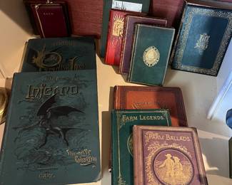 Books: Paradise Lost by Milton 1888, Dante’s Inferno translated by Cary, Christ in Art Illustrated by Bida, Folk Songs edited by Palmer, Farm Ballads and Farm Legends by Will Carleton, Hi-Ya Neighbor by Ruth Stevens, Outline of Philosophy by Collins, The Poisoned Pen by Reeve, Victor Hugo, and more