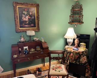 Biggs desk, lamps, side chair, corner shelf, artwork, misc decor
