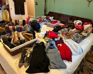Handbags, scarves, accessories, bed not for sale