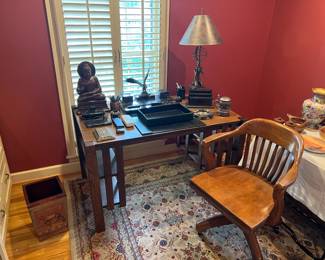 Mission style oak desk, rolling oak desk chair, lamp, misc decor