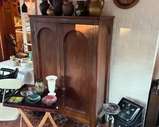 Small wardrobe, assorted pottery, Victorian Toleware painted coal scuttle and stand