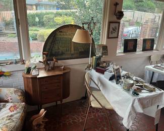 Sewing table, lamps, sterling frames, Herend, Waterford, misc decor