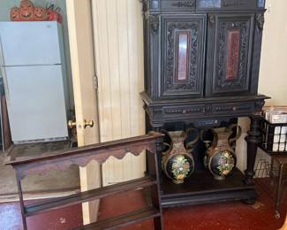 Scottish plate rack, Jacobean cabinet, vases