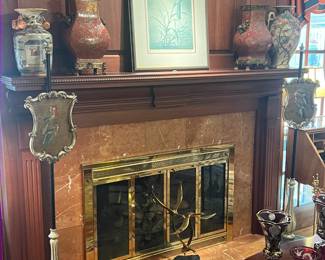 Menaboni signed print, fire screens, metal and porcelain vases, bird sculpture