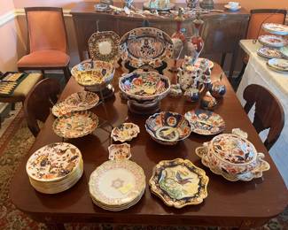 Coalport, Ironstone, Spode, Limoges, Royal Crown Derby, Imari, assorted porcelain, pair of Biggs upholstered side chairs