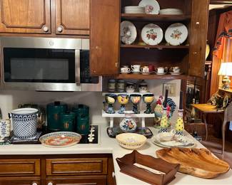 Misc kitchen porcelain, wood, vintage Ransburg painted metal canister set