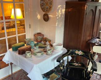 Roseville pottery, assorted pottery, painted chair and stool by JS Ebersole