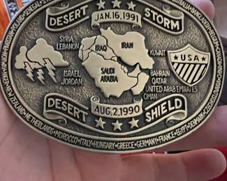 FREE Desert Storm belt buckle (while supplies last) to anyone who shows me a military ID.  My Father was in the 101st Airborne during WWII, and my brother was a Green Beret in the Special Forces during Vietnam.  I love the men and women of the United States Military!  Home of the Free Because of the Brave!