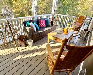 Sofa, rockers, pine coffee table on casters, fan, lamps, indoor /outdoor pillows, planters...