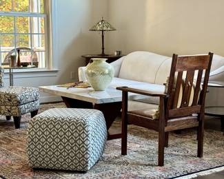 Superb suede like sofa, Handmade silk Persian Rug, Marble top coffee table, Pottery Barn side tables, Tiffany Style Lamps