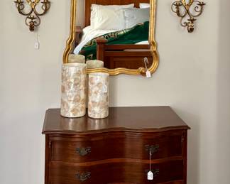 Chest of drawers, Gilt mirror, Gilt sconces