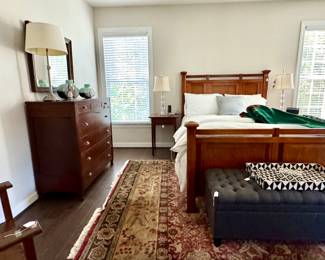 Queen Bed, Pottery Barn Rug, Dressers, Mirrors